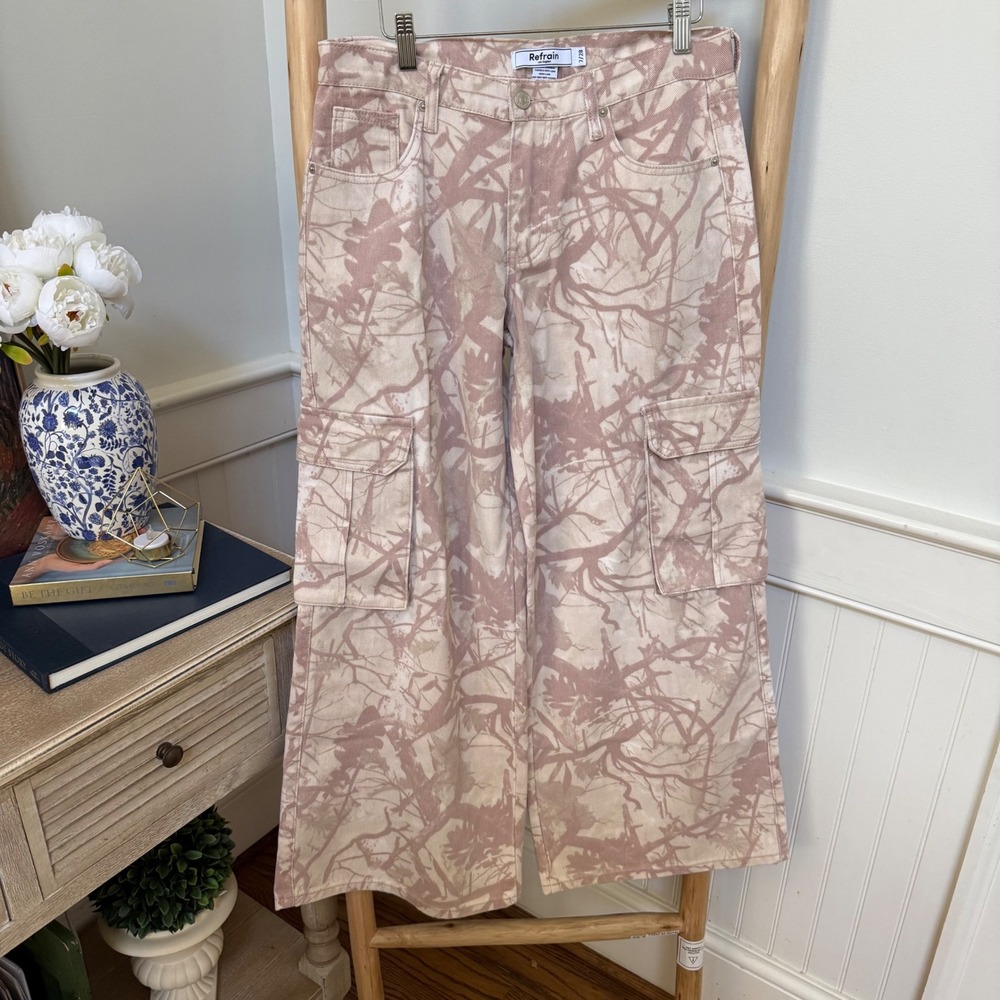 Refrain Los Angeles Womens‎ Pink Abstract Branch Print Wide Leg Cargo Pants 7/28